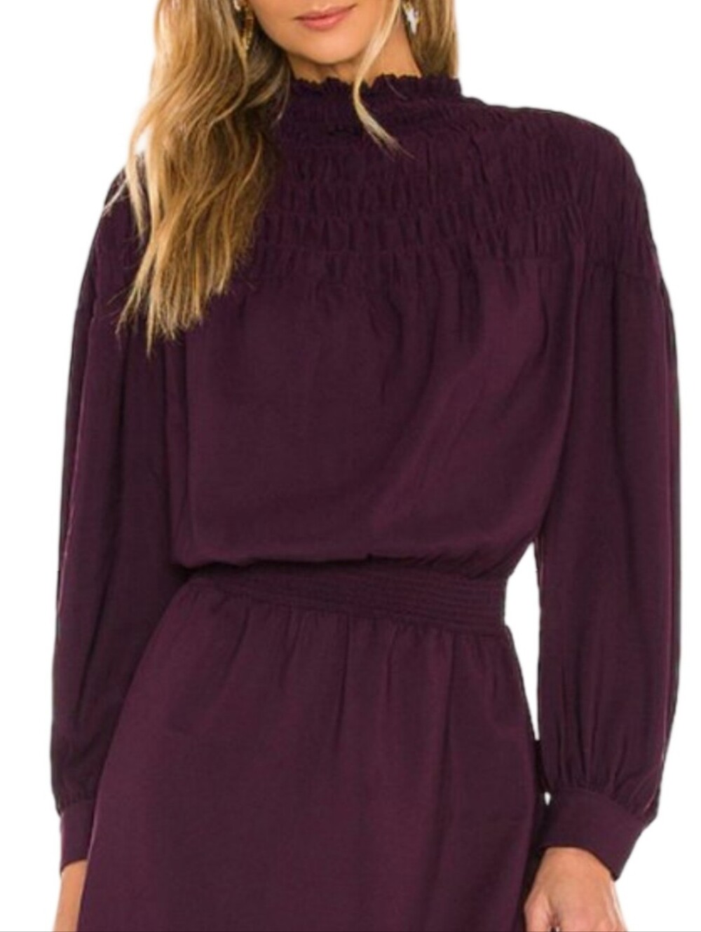 NWT 1.STATE Smocked Long Sleeve Mock Neck Dress Plum Purple Small